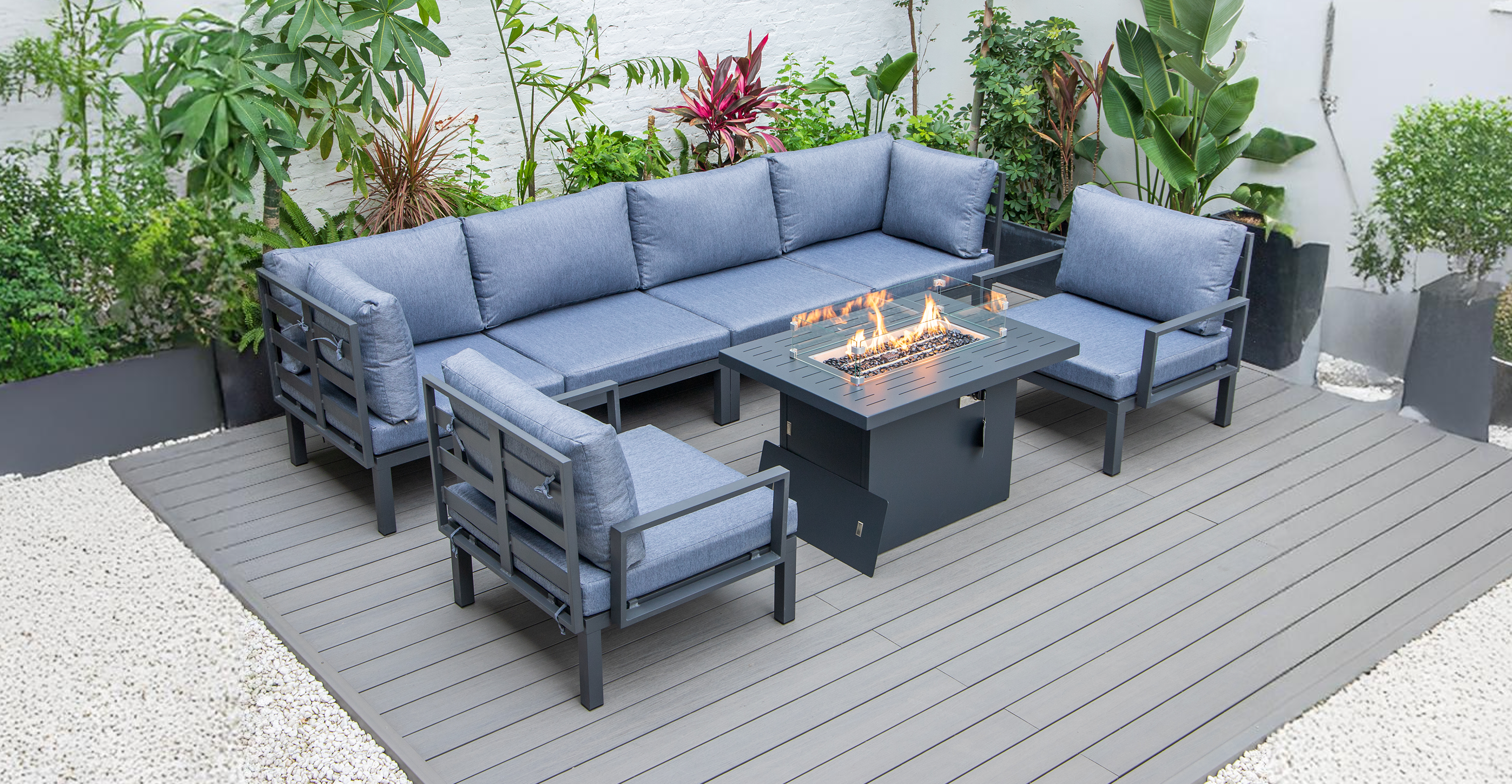 Hamilton 7-Piece Aluminum Patio Conversation Set With Fire Pit Table And Cushions