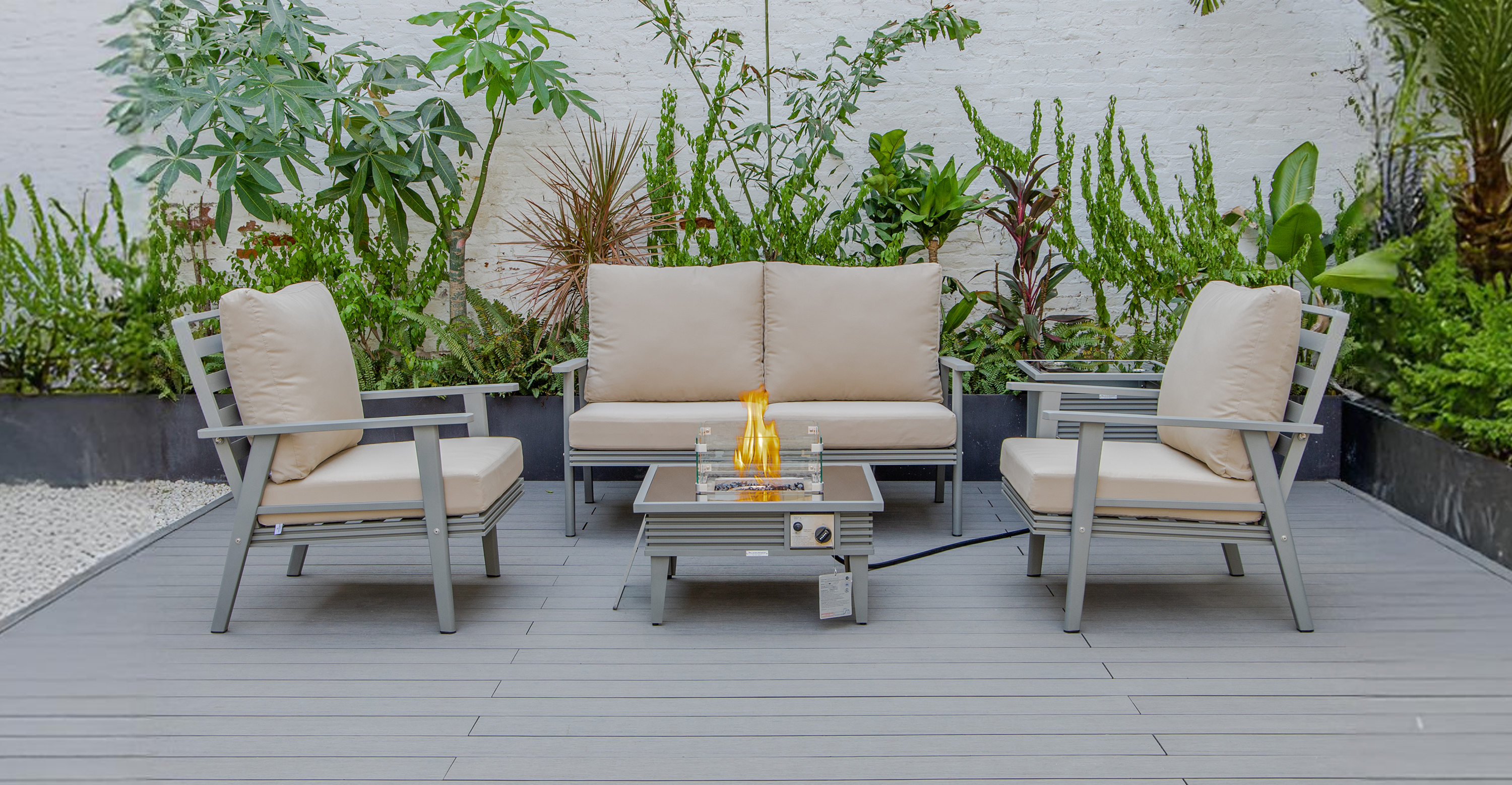 Walbrooke Aluminum Patio Conversation With Slats Design Fire Pit Table & Tank Holder