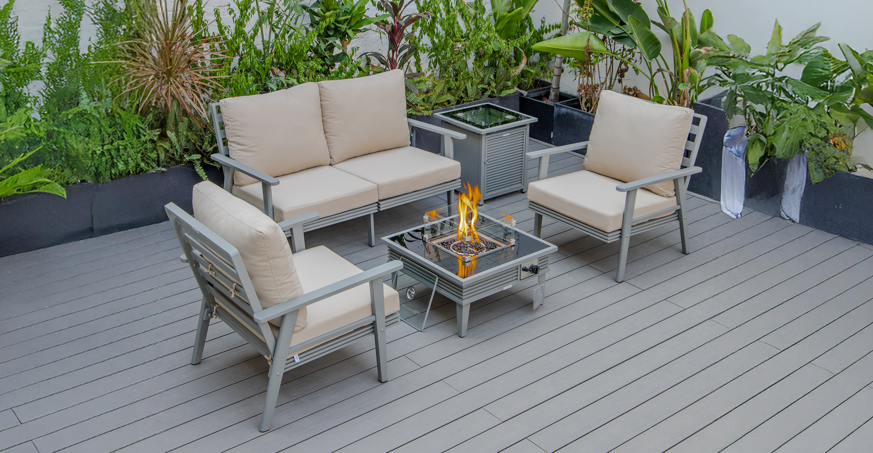 Walbrooke Aluminum Patio Conversation With Slats Design Fire Pit Table & Tank Holder