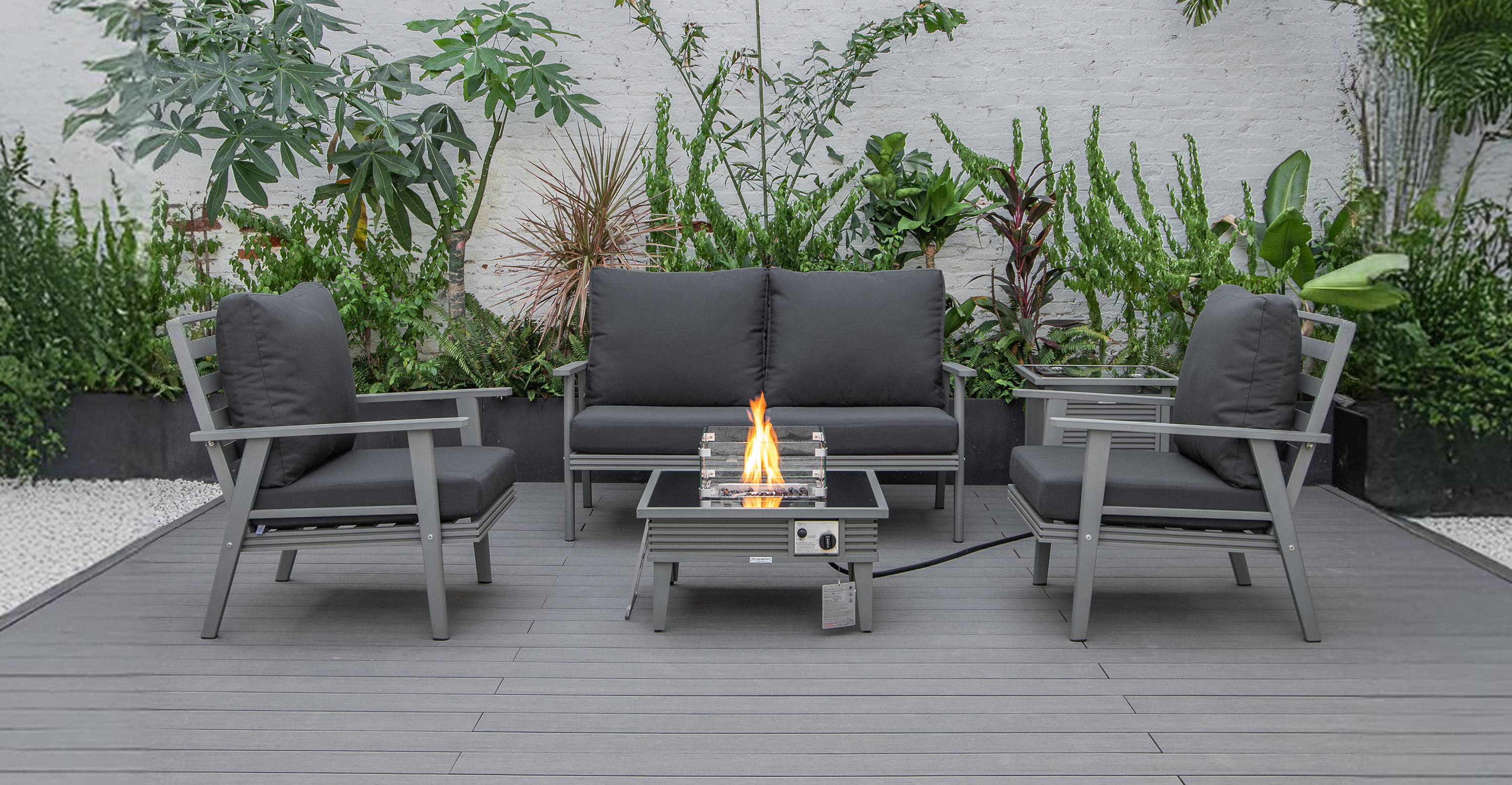 Walbrooke Aluminum Patio Conversation With Slats Design Fire Pit Table & Tank Holder