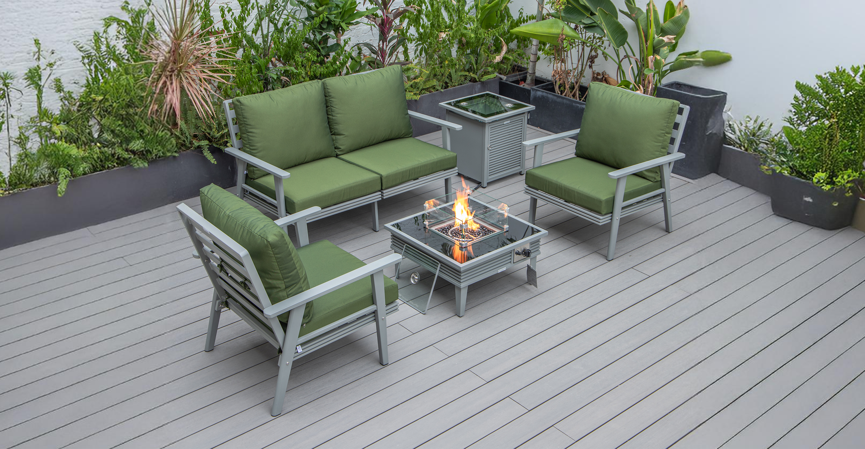 Walbrooke Aluminum Patio Conversation With Slats Design Fire Pit Table & Tank Holder