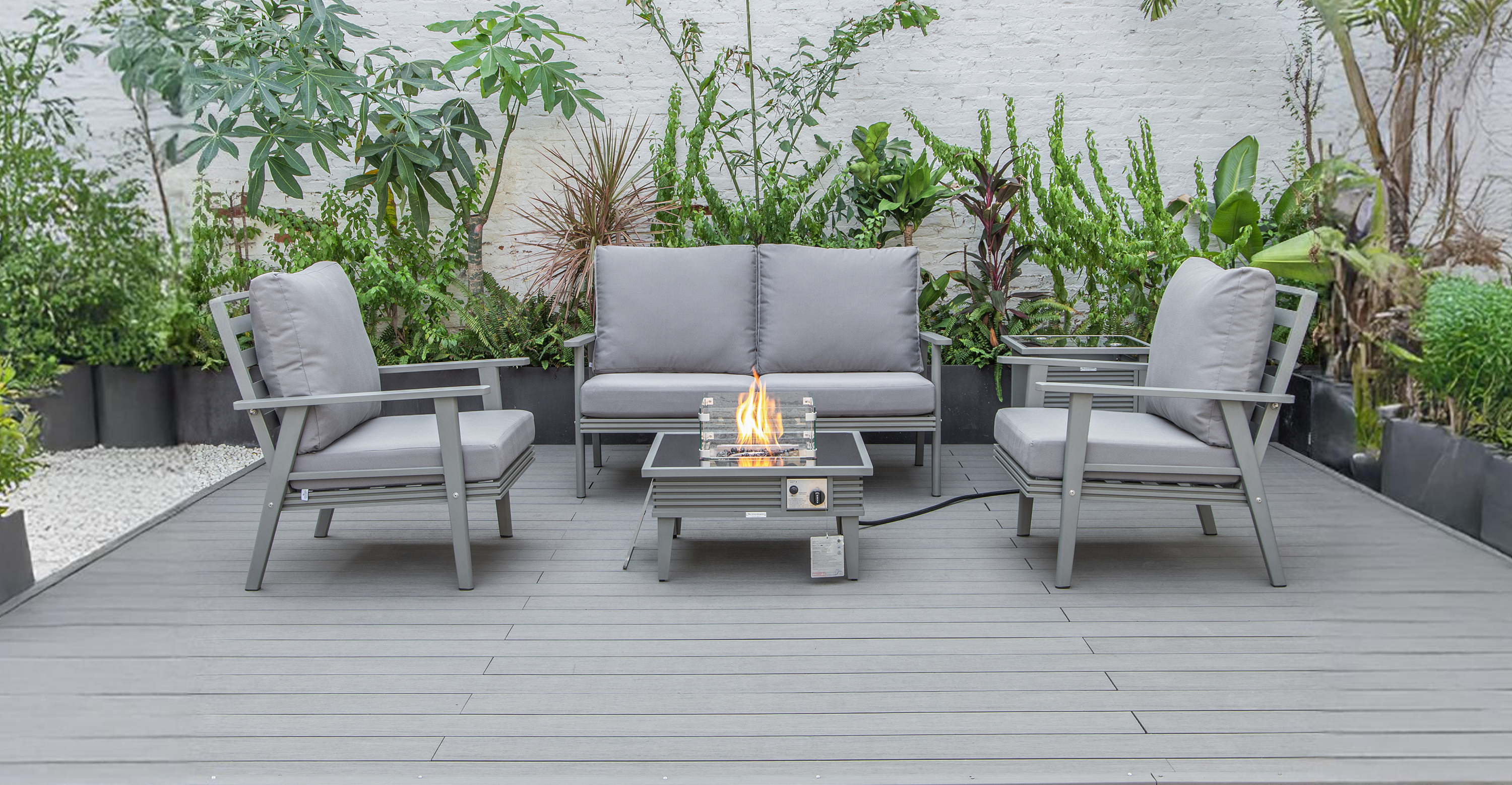 Walbrooke Aluminum Patio Conversation With Slats Design Fire Pit Table & Tank Holder