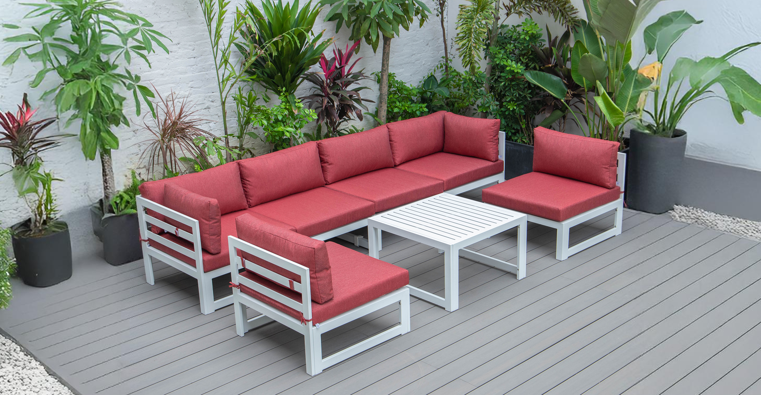 Chelsea 7-Piece Patio Sectional And Coffee Table Set In White Aluminum With Cushions