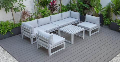 Chelsea 7-Piece Patio Sectional And Coffee Table Set In Weathered Grey Aluminum With Cushions