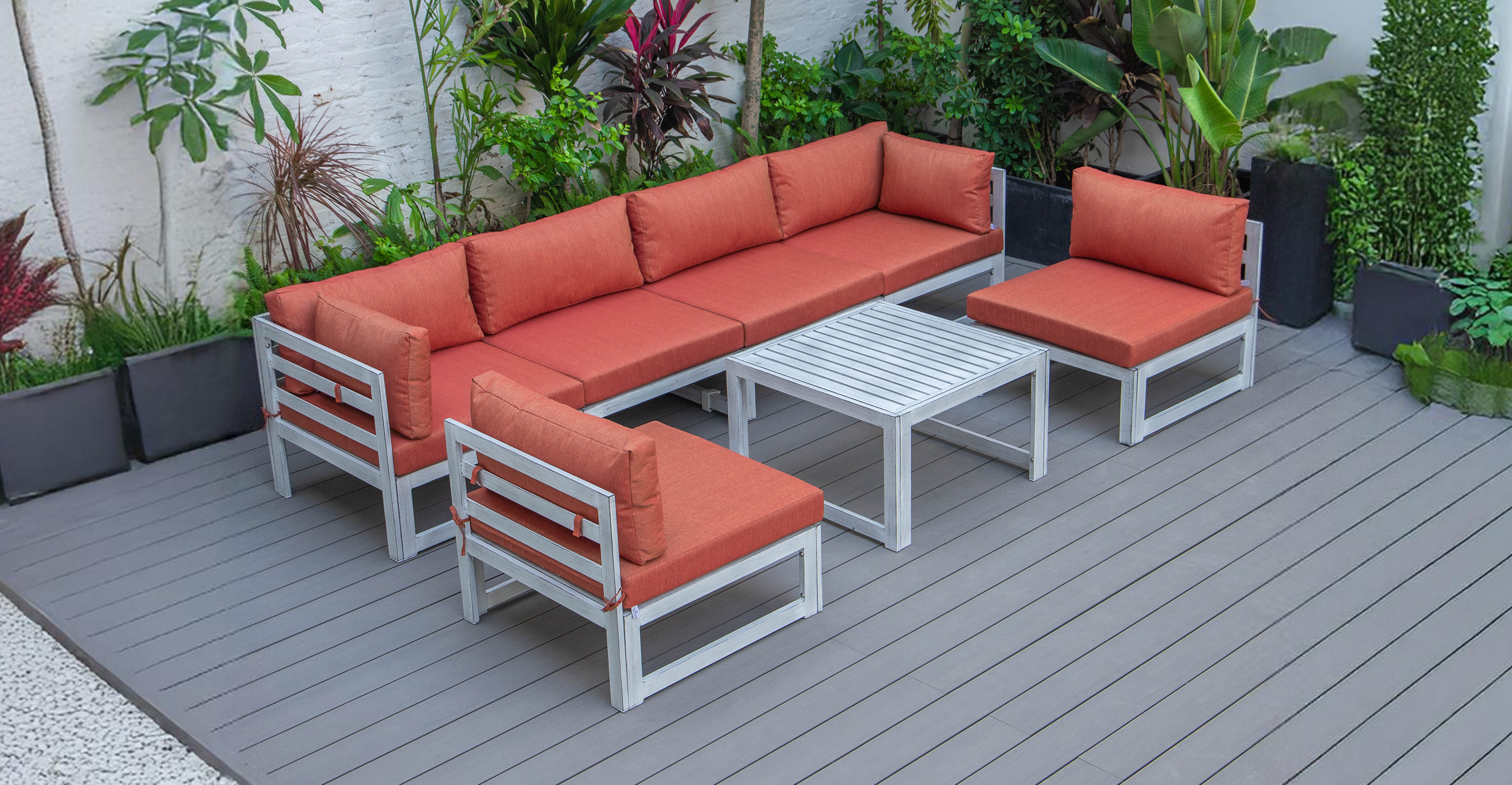 Chelsea 7-Piece Patio Sectional And Coffee Table Set In Weathered Grey Aluminum With Cushions