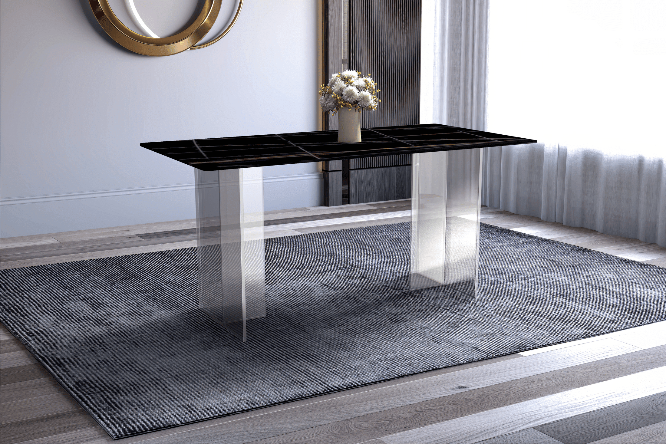 Kova Rectangular Dining Table with Sintered Stone or Glass Top and Acrylic Base Legs