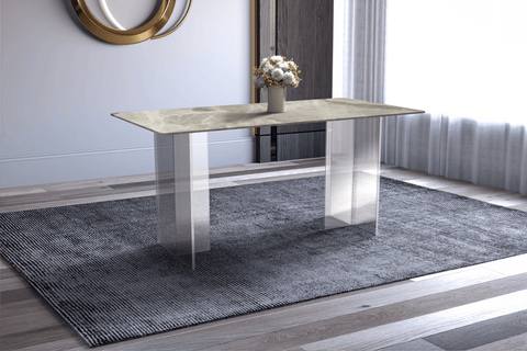 Kova Rectangular Dining Table with Sintered Stone or Glass Top and Acrylic Base Legs