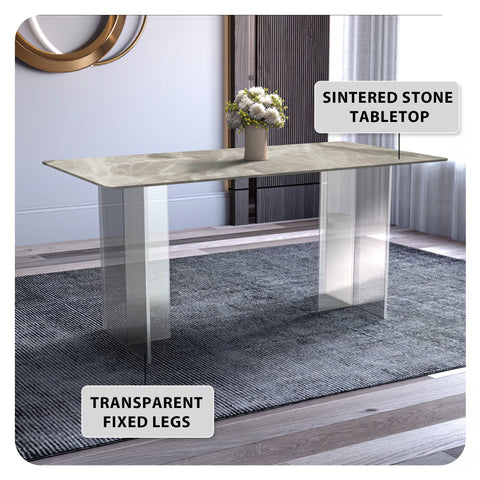 Kova Rectangular Dining Table with Sintered Stone or Glass Top and Acrylic Base Legs