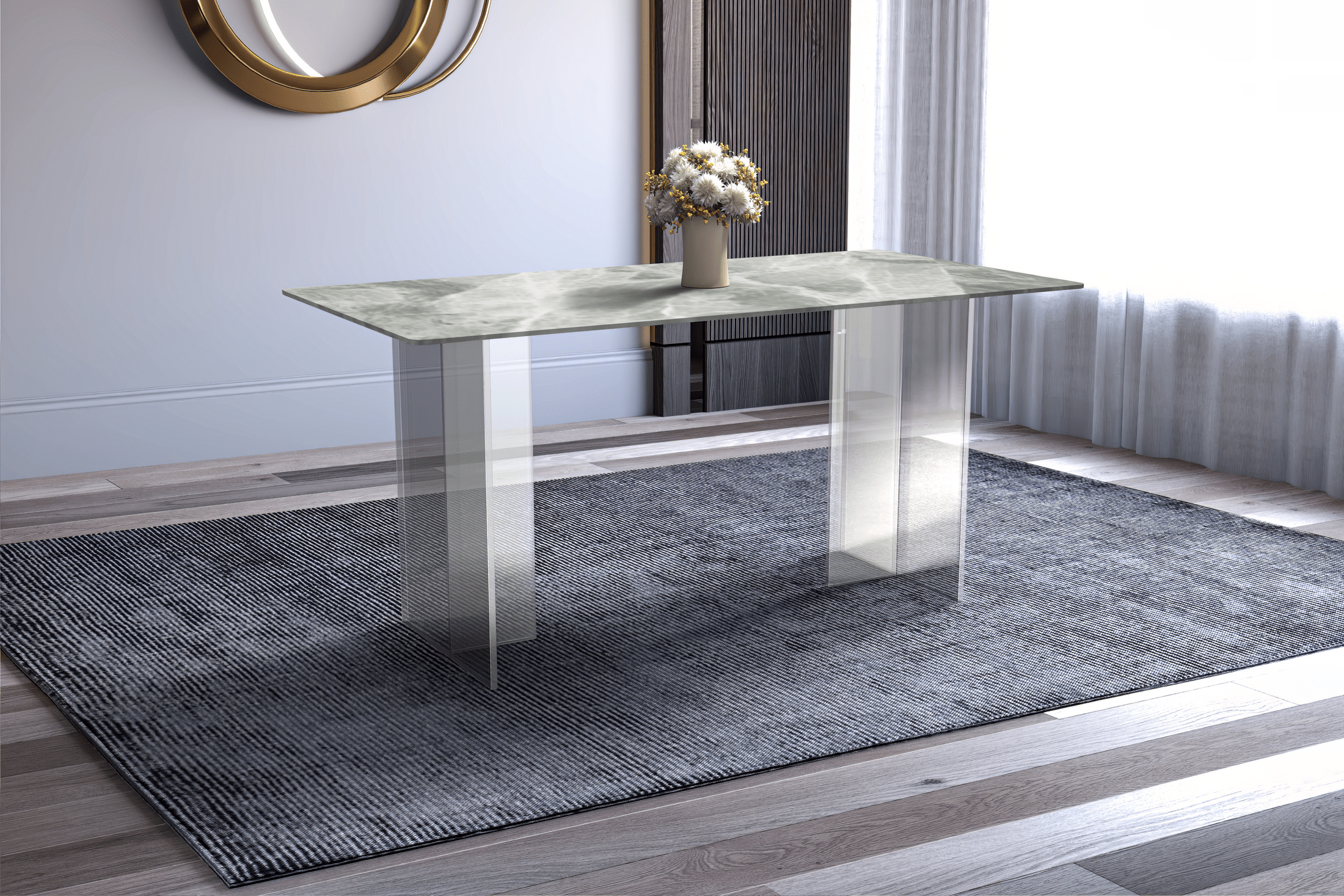 Kova Rectangular Dining Table with Sintered Stone or Glass Top and Acrylic Base Legs