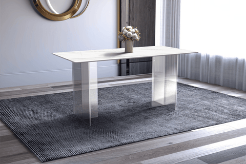 Kova Rectangular Dining Table with Sintered Stone or Glass Top and Acrylic Base Legs