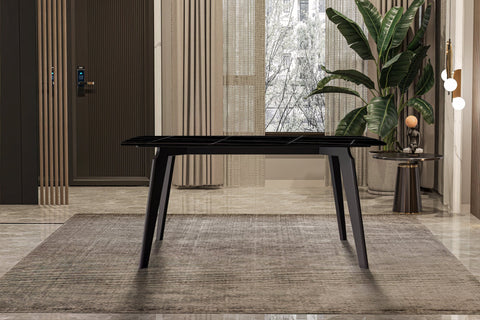 Krevor Modern Dining Table with Rectangular Stone/Glass Wide Tabletop with Black Steel Legs