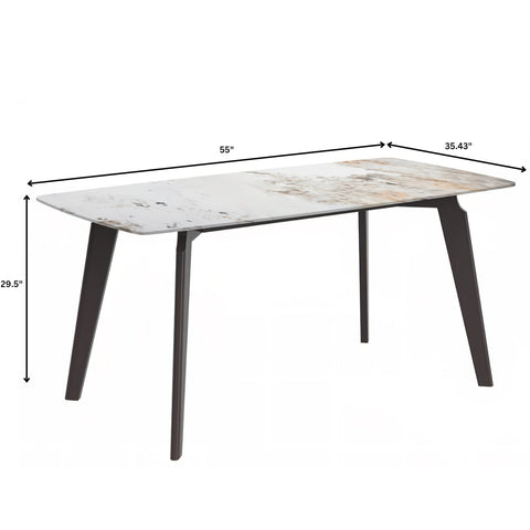 Krevor Modern Dining Table with Rectangular Stone/Glass Wide Tabletop with Black Steel Legs