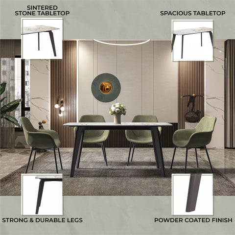 Krevor Modern Dining Table with Rectangular Stone/Glass Wide Tabletop with Black Steel Legs