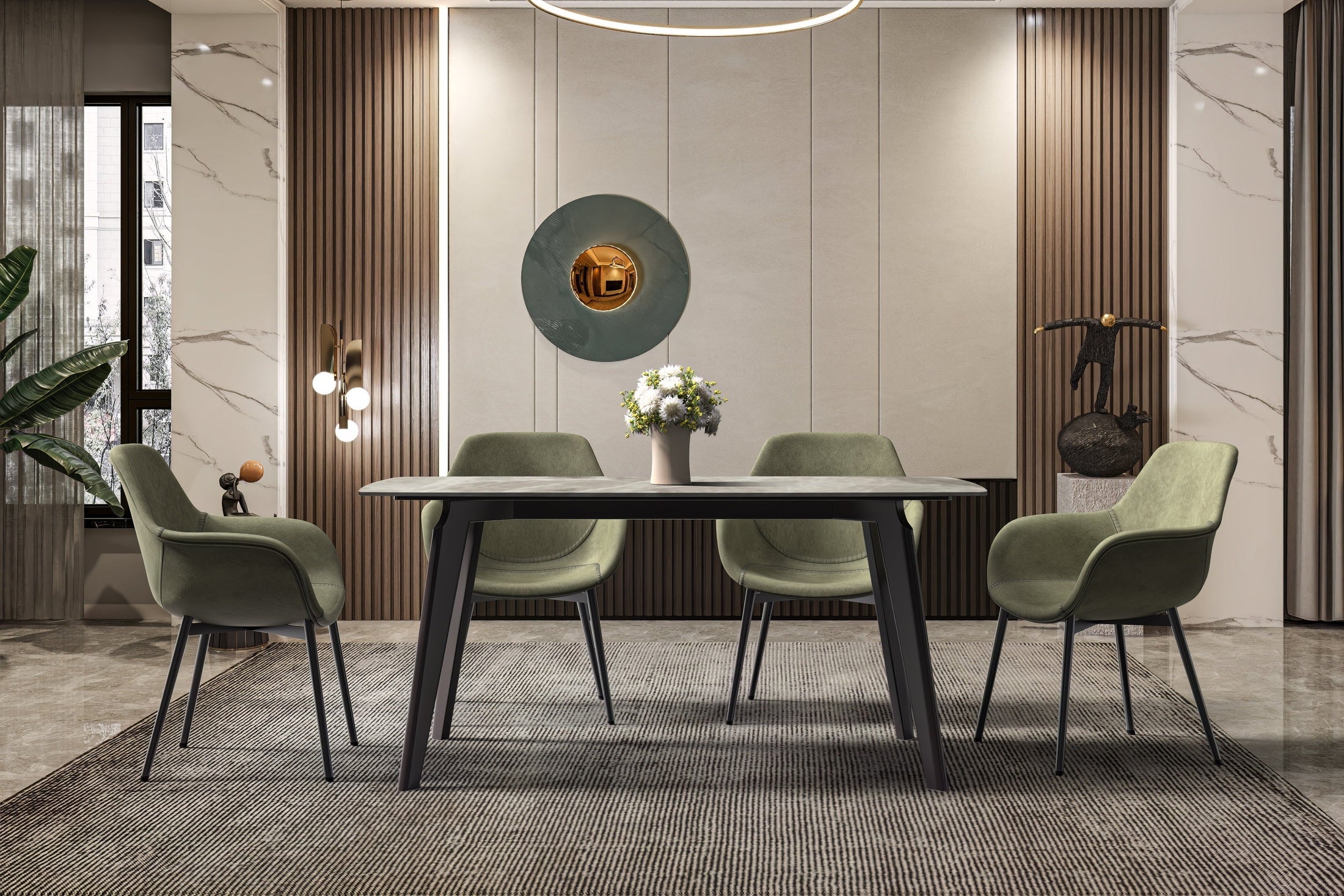 Krevor Modern Dining Table with Rectangular Stone/Glass Wide Tabletop with Black Steel Legs