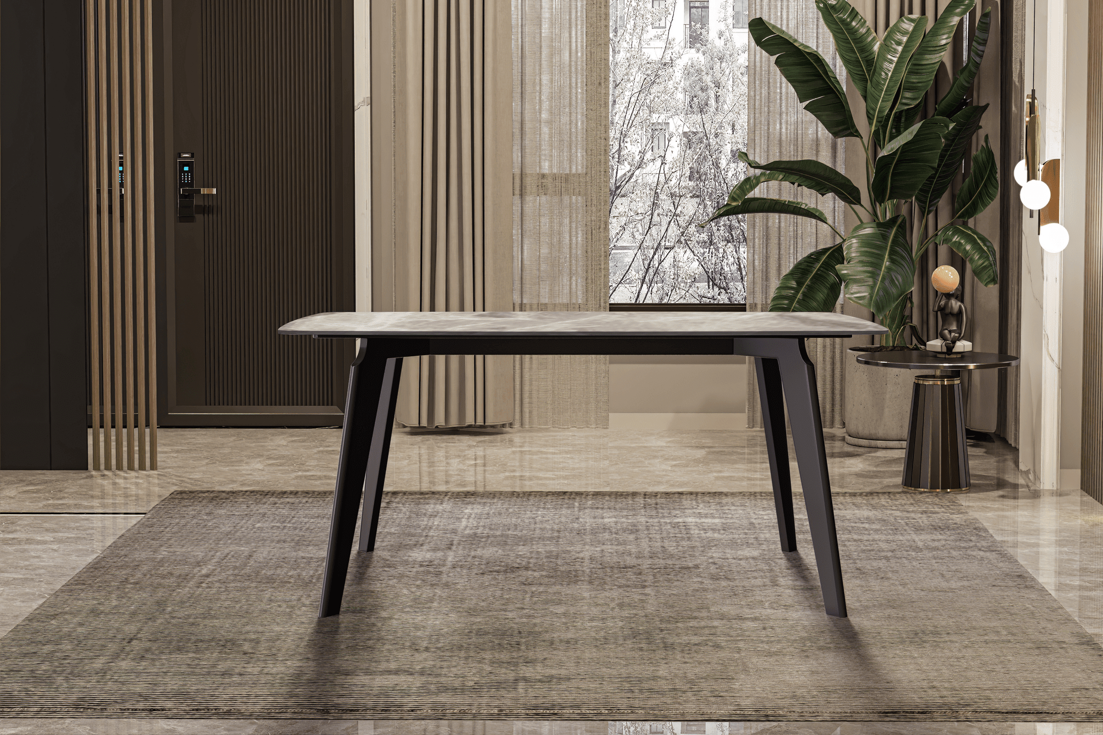 Krevor Modern Dining Table with Rectangular Stone/Glass Wide Tabletop with Black Steel Legs