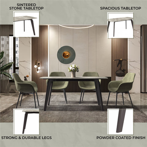 Krevor Modern Dining Table with Rectangular Stone/Glass Wide Tabletop with Black Steel Legs