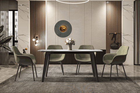 Krevor Modern Dining Table with Rectangular Stone/Glass Wide Tabletop with Black Steel Legs