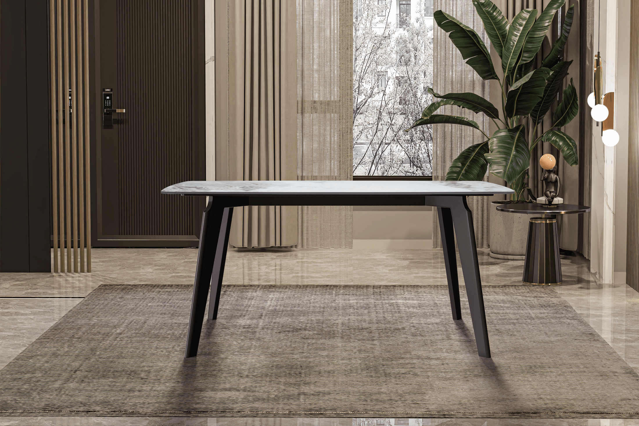 Krevor Modern Dining Table with Rectangular Stone/Glass Wide Tabletop with Black Steel Legs