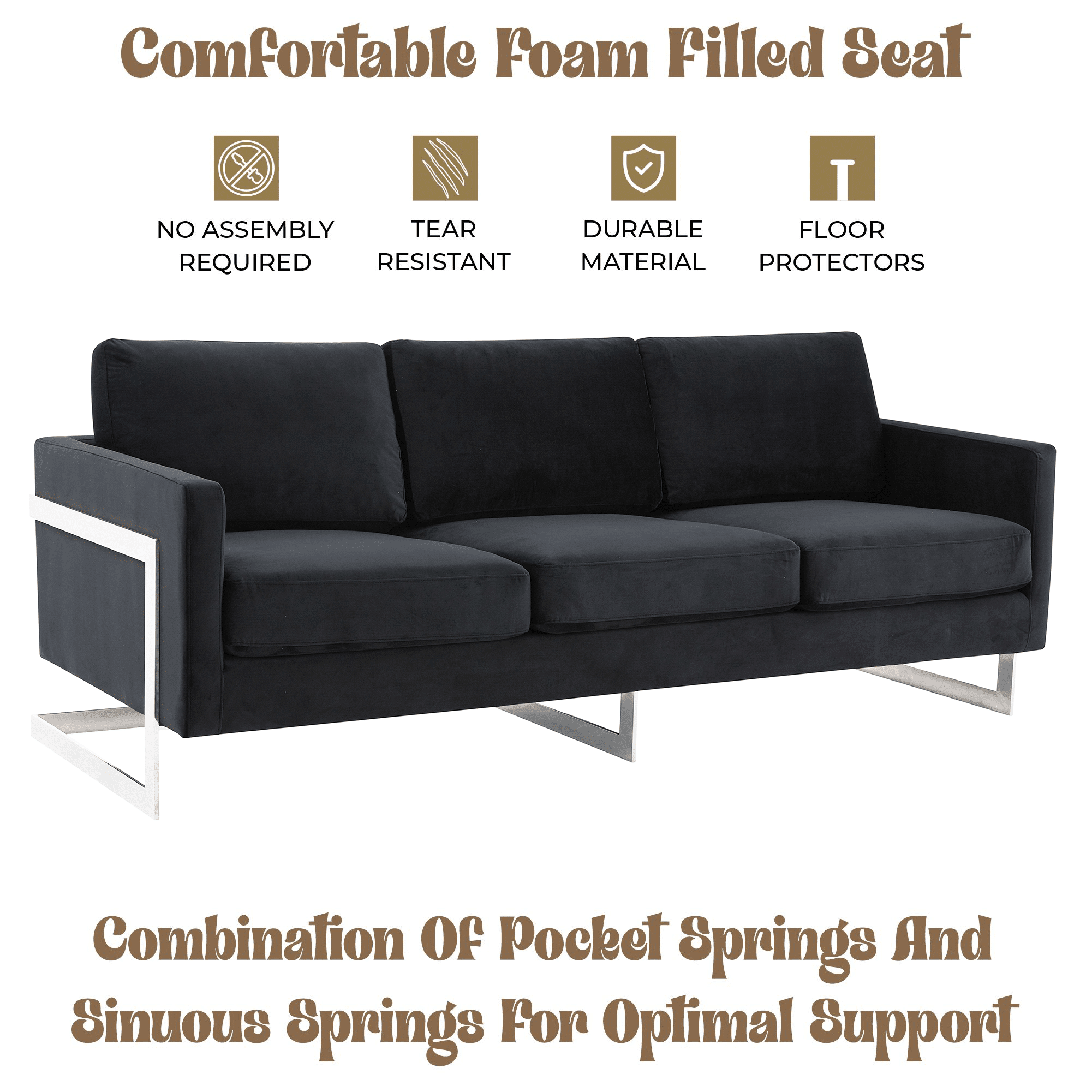 Lincoln 3-Seater Sofa Upholstered in Velvet Fabric with Chrome Stainless Steel Frame