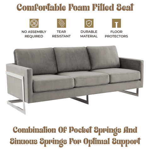 Lincoln 3-Seater Sofa Upholstered in Velvet Fabric with Chrome Stainless Steel Frame