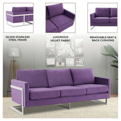 Lincoln 3-Seater Sofa Upholstered in Velvet Fabric with Chrome Stainless Steel Frame