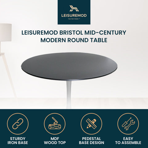 Bristol Modern Round Dining Table with Wood Top and Iron Pedestal Base