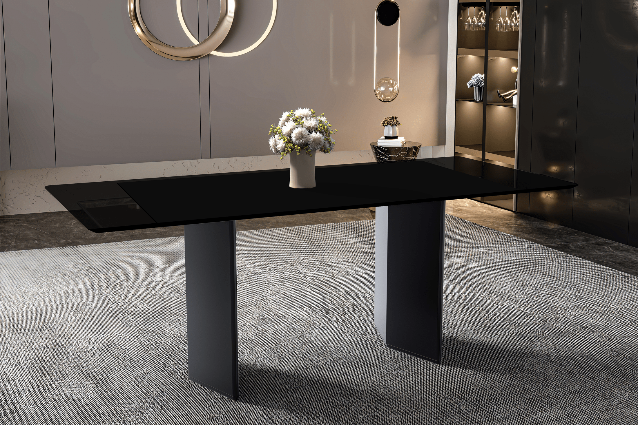 Lior Dining Table with Rectangular Glass/Sintered Stone Tabletop and Black Steel Legs