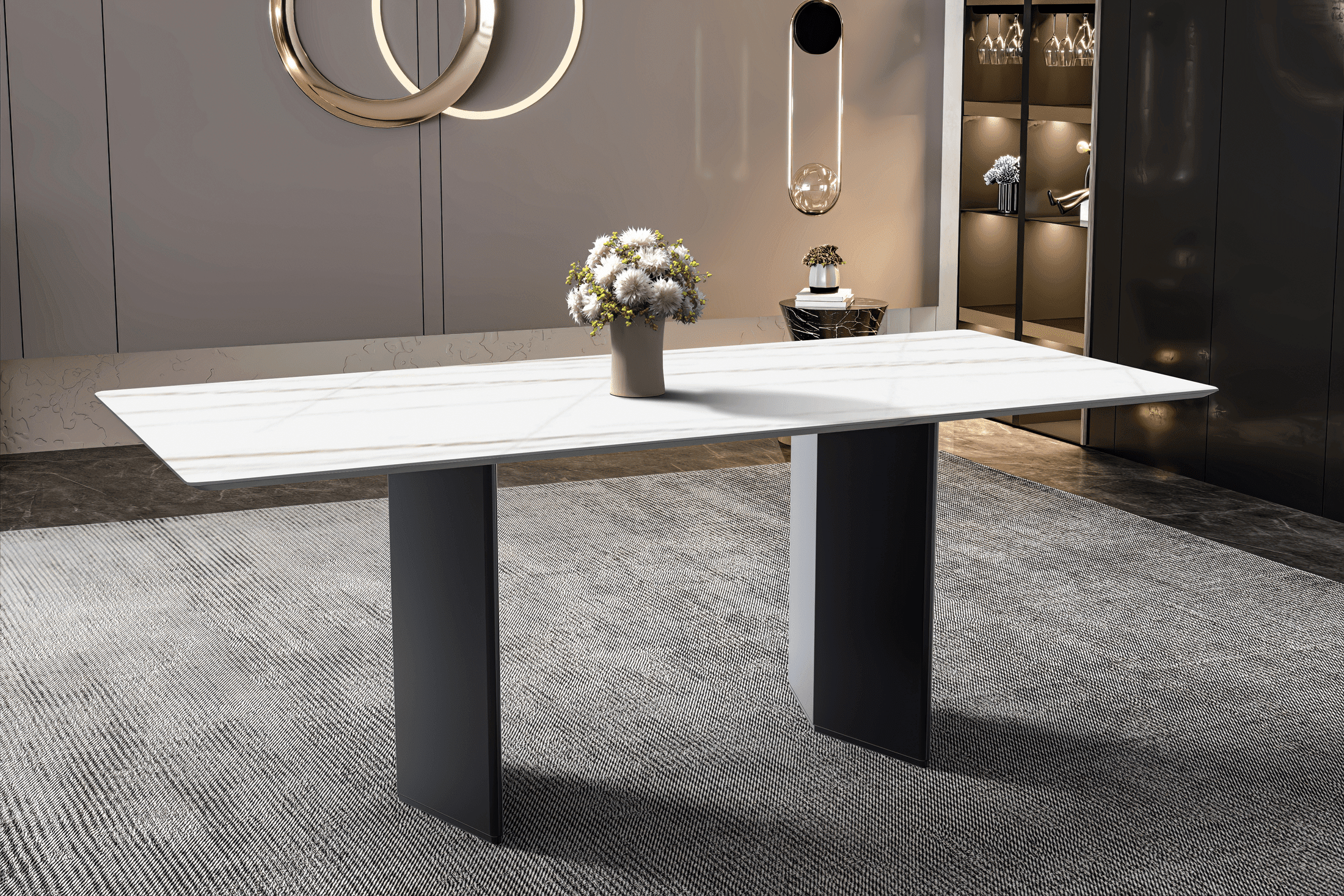 Lior Dining Table with Rectangular Glass/Sintered Stone Tabletop and Black Steel Legs