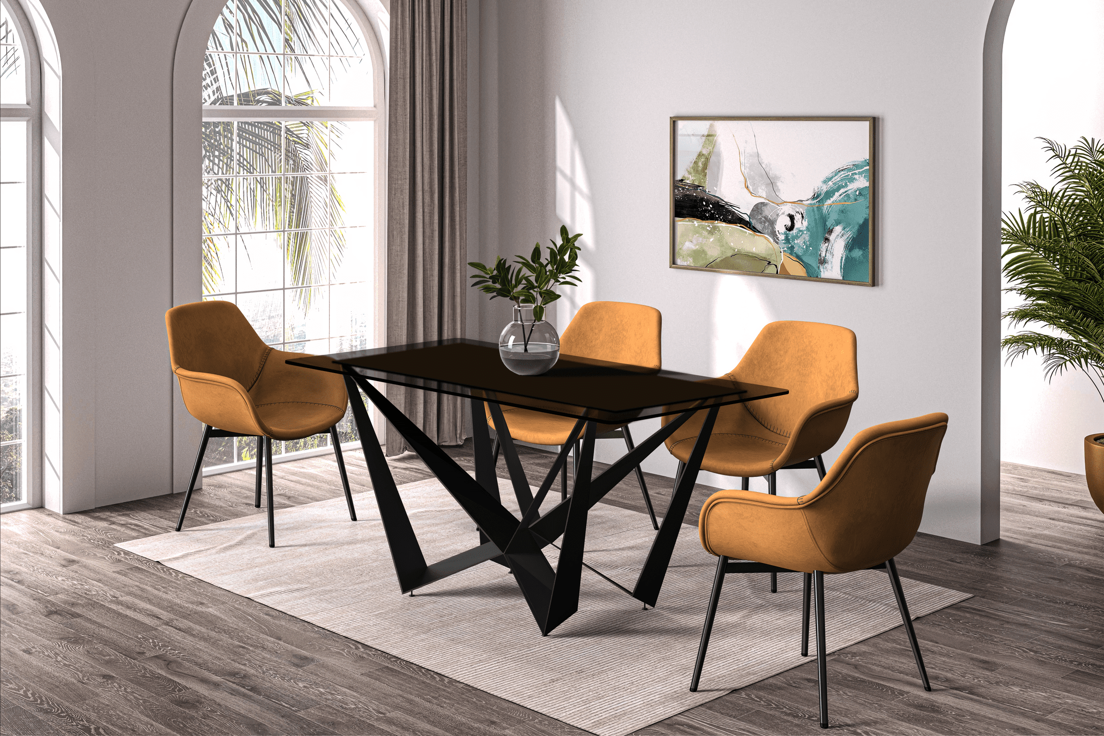 Nuvor Dining Table with Rectangular Sintered Stone/Glass Tabletop and Steel Legs