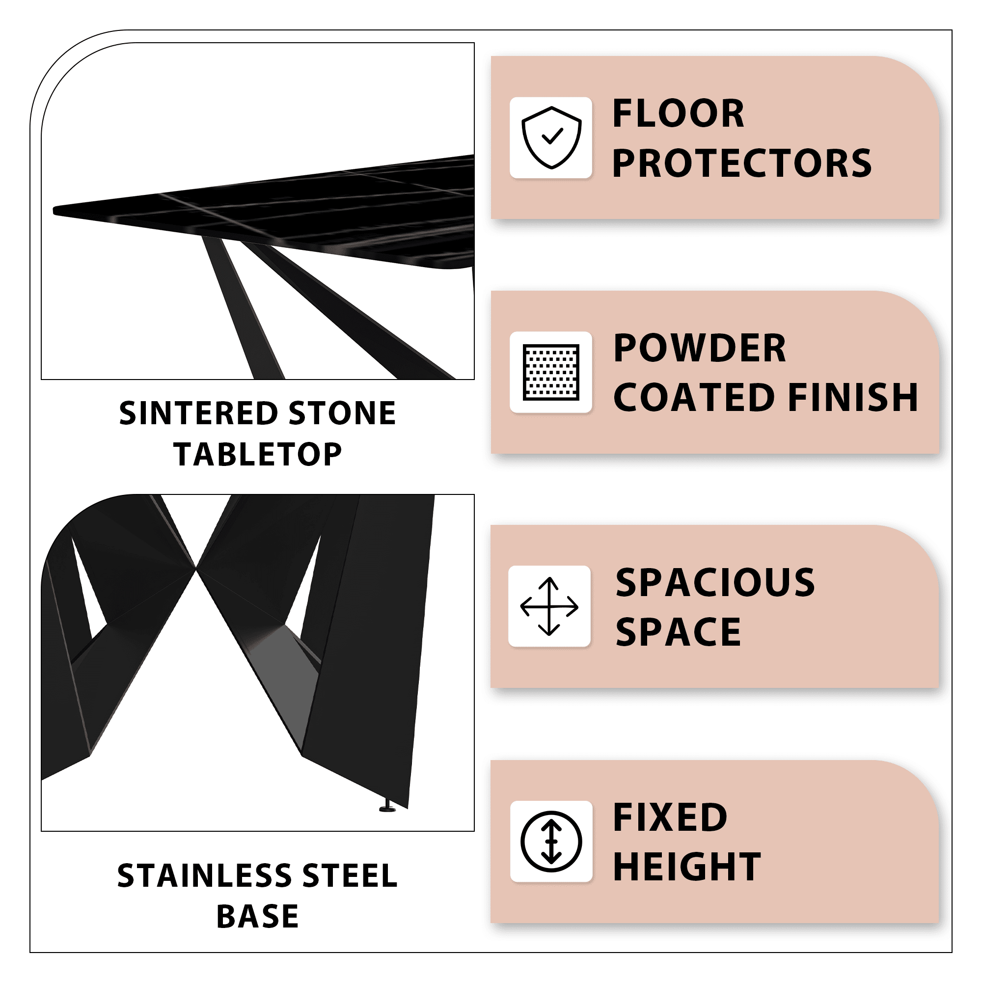 Nuvor Dining Table with Rectangular Sintered Stone/Glass Tabletop and Steel Legs