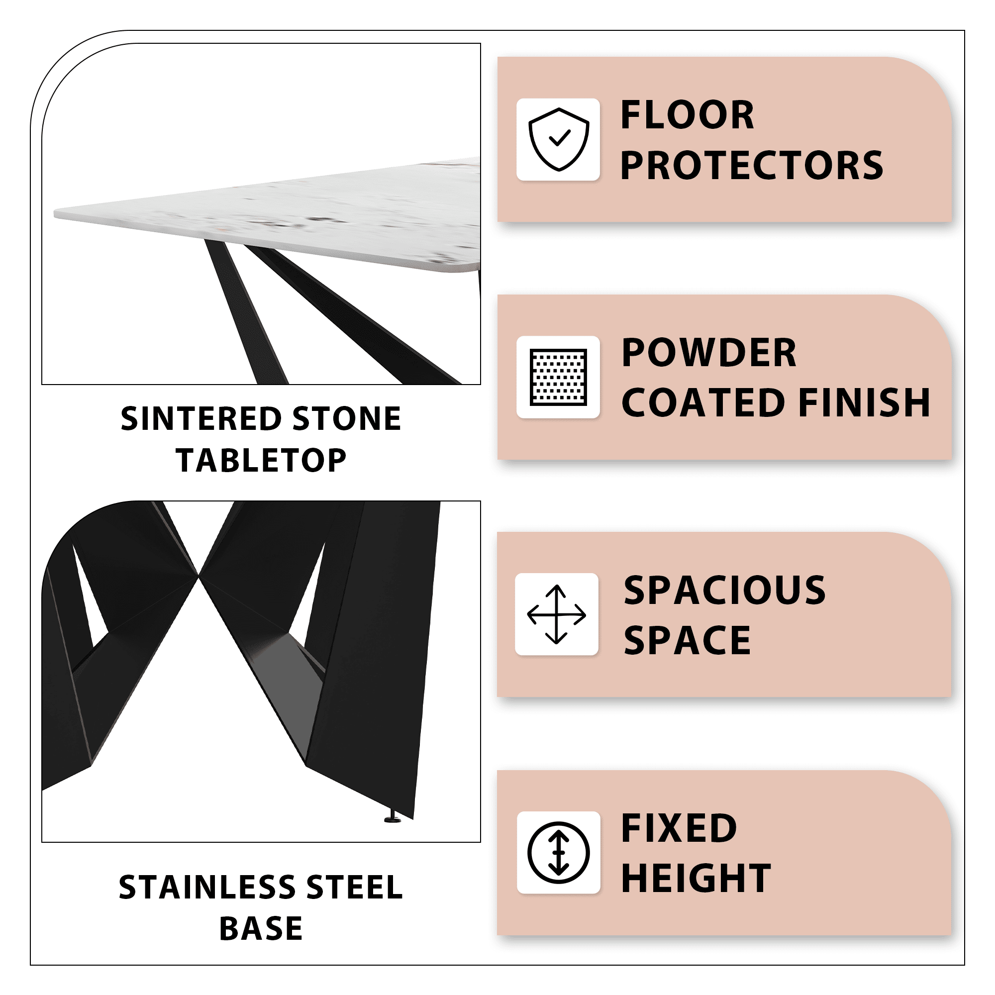 Nuvor Dining Table with Rectangular Sintered Stone/Glass Tabletop and Steel Legs