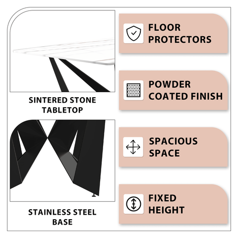 Nuvor Dining Table with Rectangular Sintered Stone/Glass Tabletop and Steel Legs