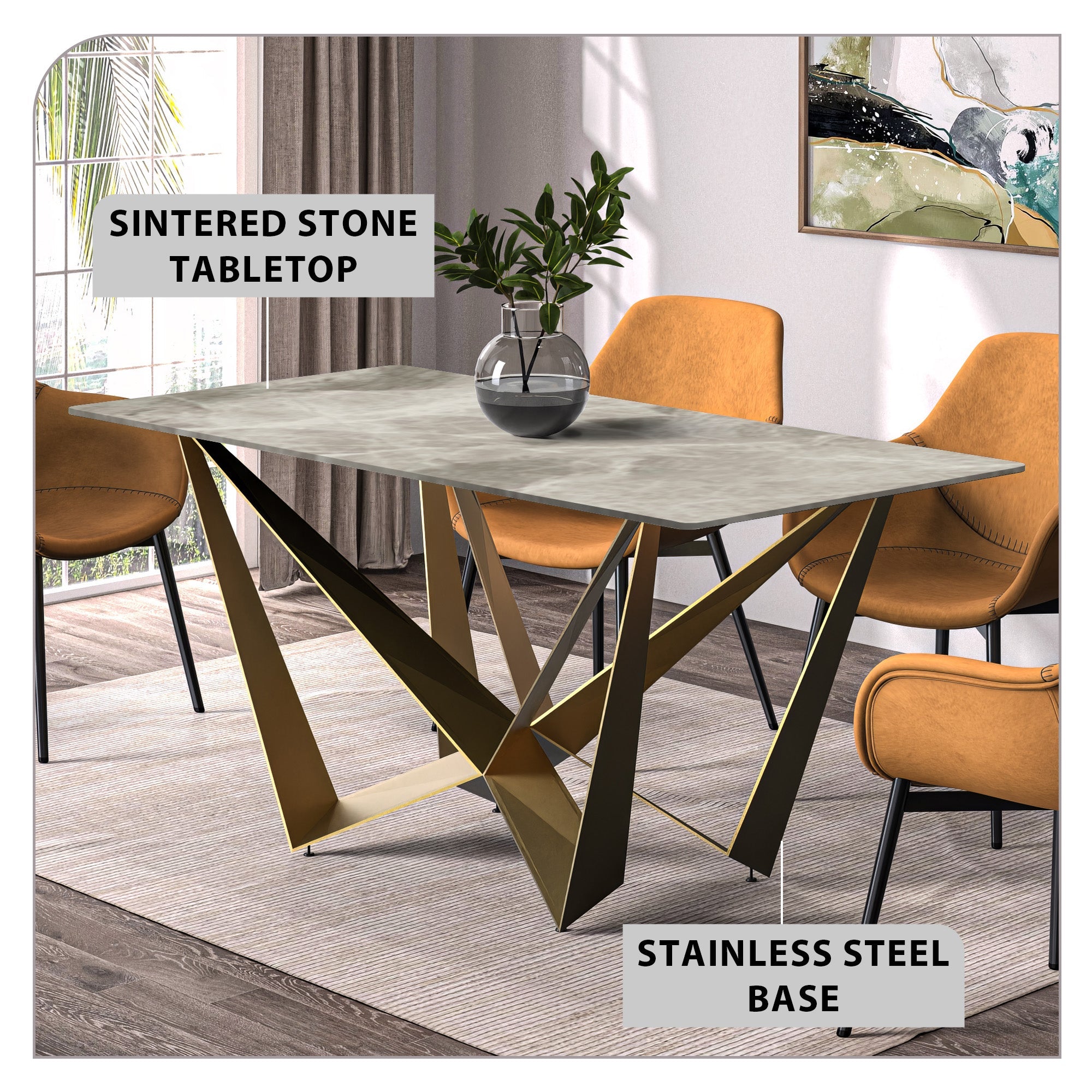 Nuvor Dining Table with Rectangular Sintered Stone/Glass Tabletop and Steel Legs