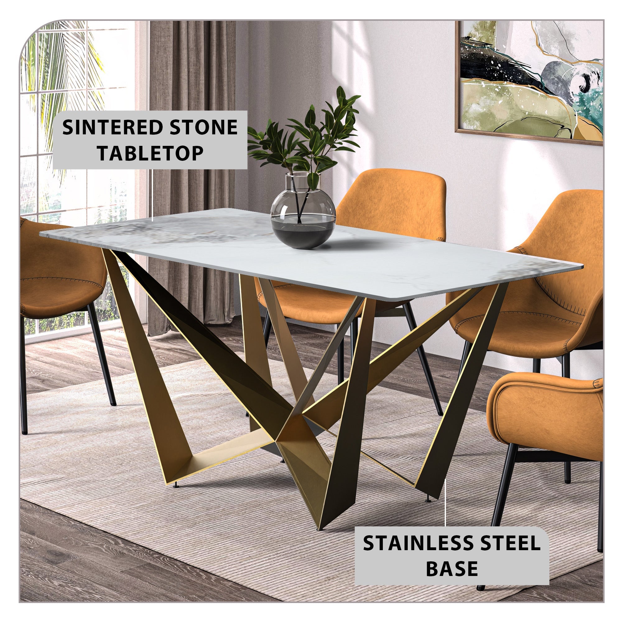 Nuvor Dining Table with Rectangular Sintered Stone/Glass Tabletop and Steel Legs