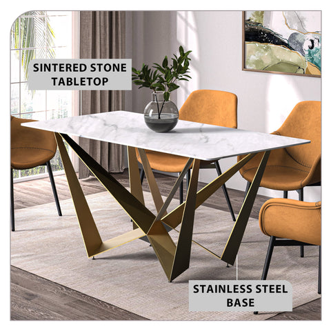 Nuvor Dining Table with Rectangular Sintered Stone/Glass Tabletop and Steel Legs