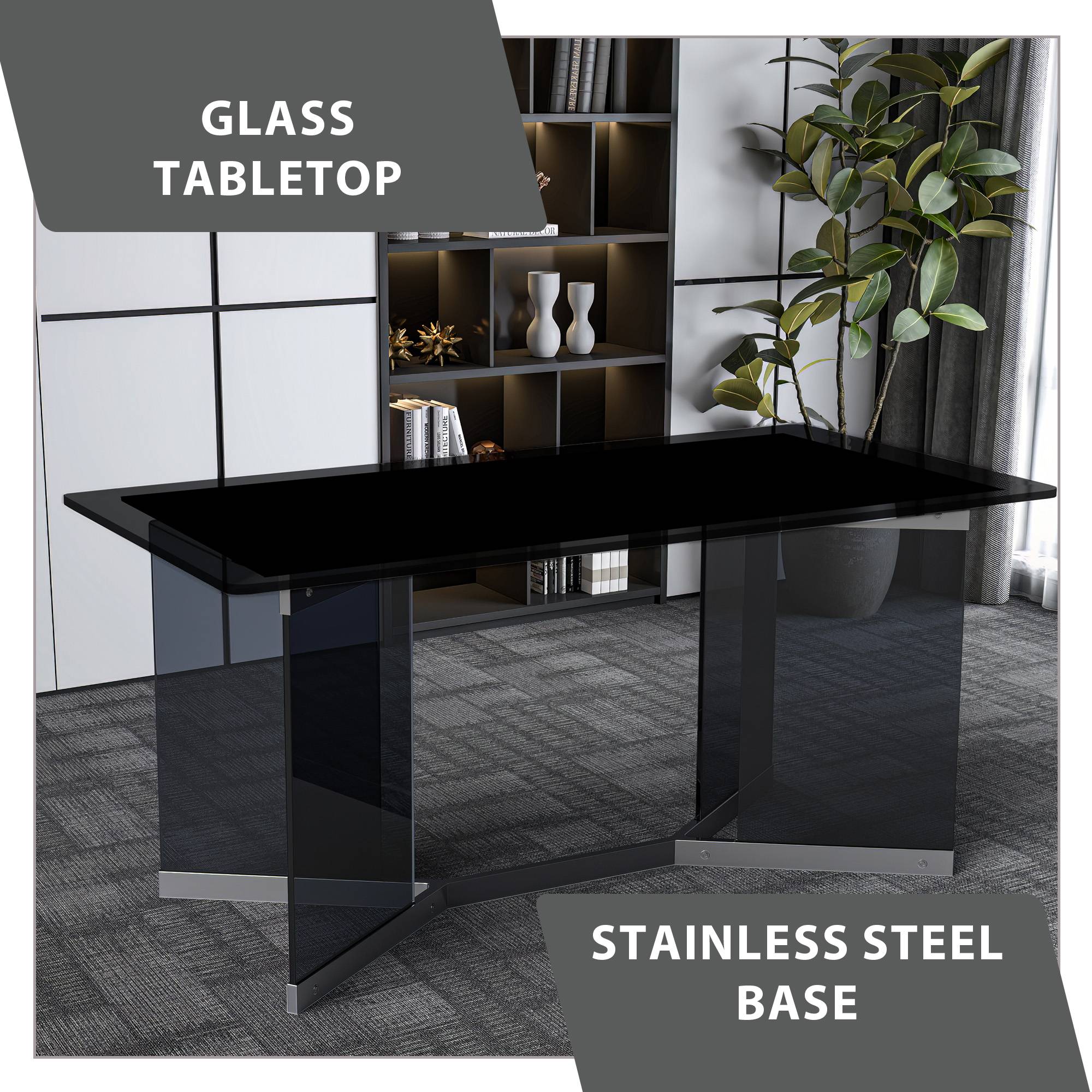 Oryn Modern Rectangular Dining Table with Glass/Sintered Stone Tabletop