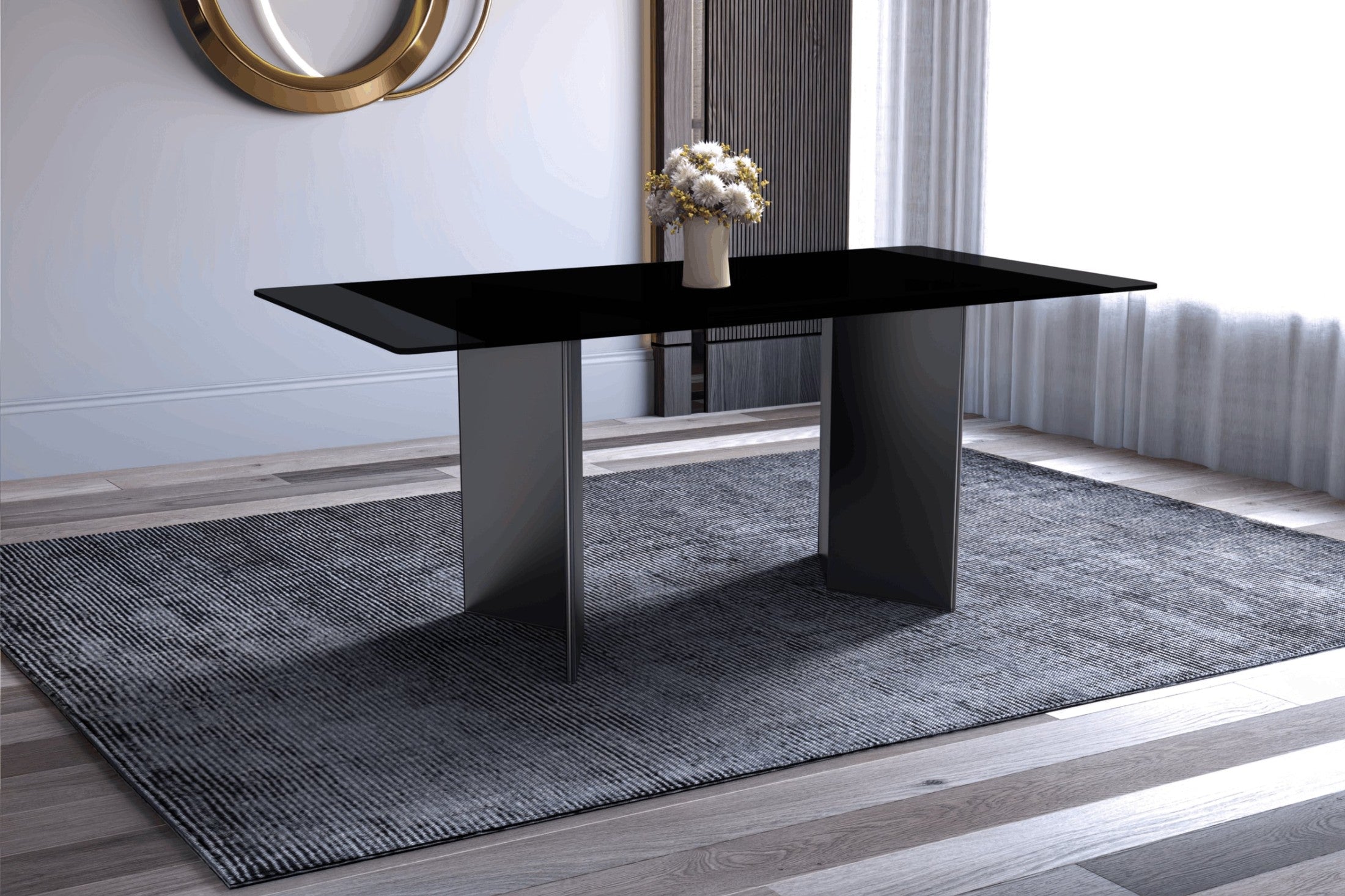 Olyra Dining Table with a Rectangular Glass/Sintered Stone Tabletop and Stainless Steel Base