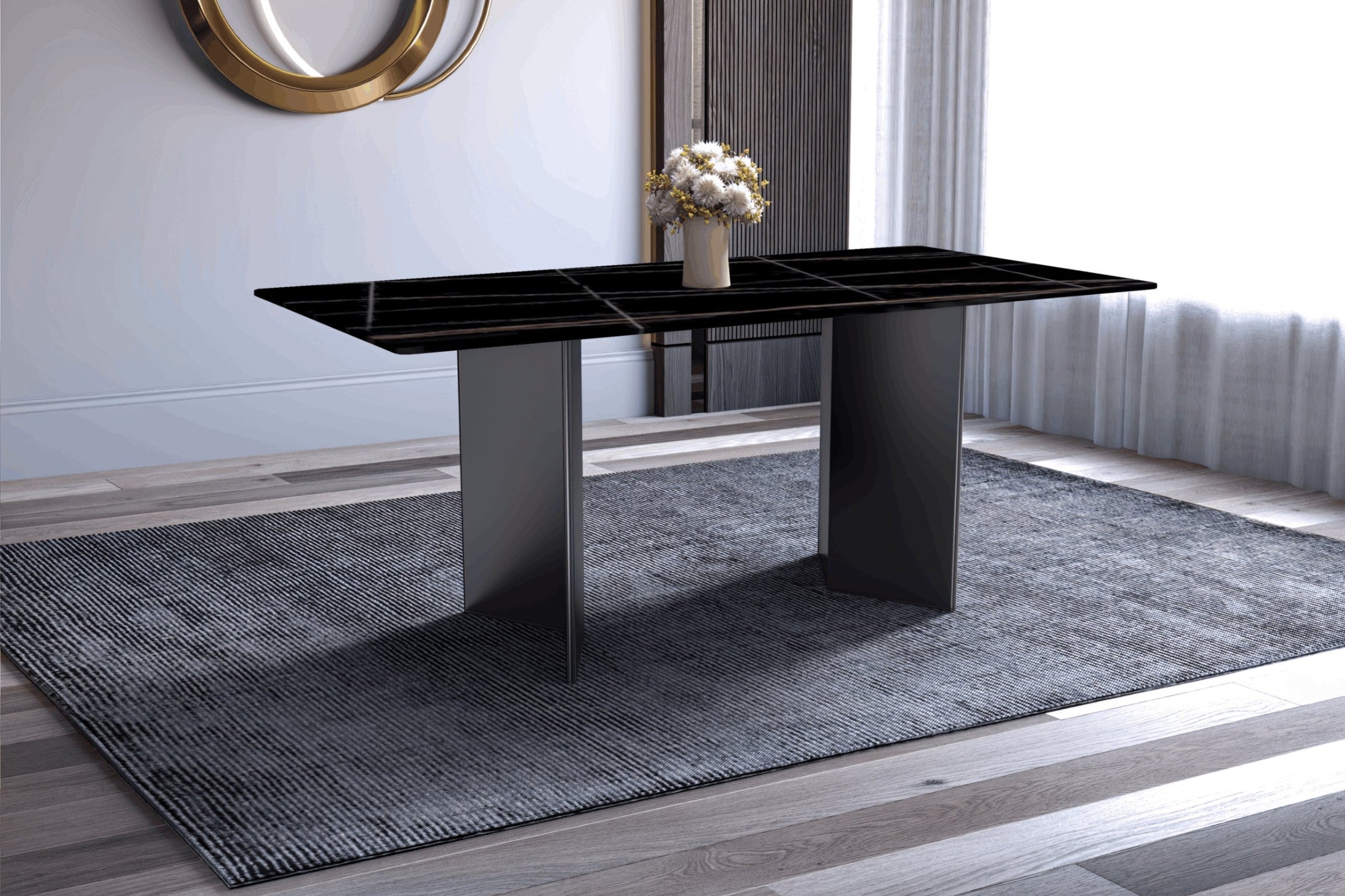 Olyra Dining Table with a Rectangular Glass/Sintered Stone Tabletop and Stainless Steel Base