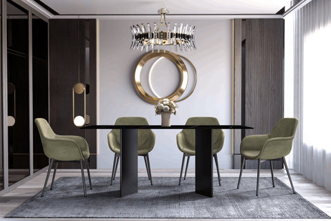 Olyra Dining Table with a Rectangular Glass/Sintered Stone Tabletop and Stainless Steel Base