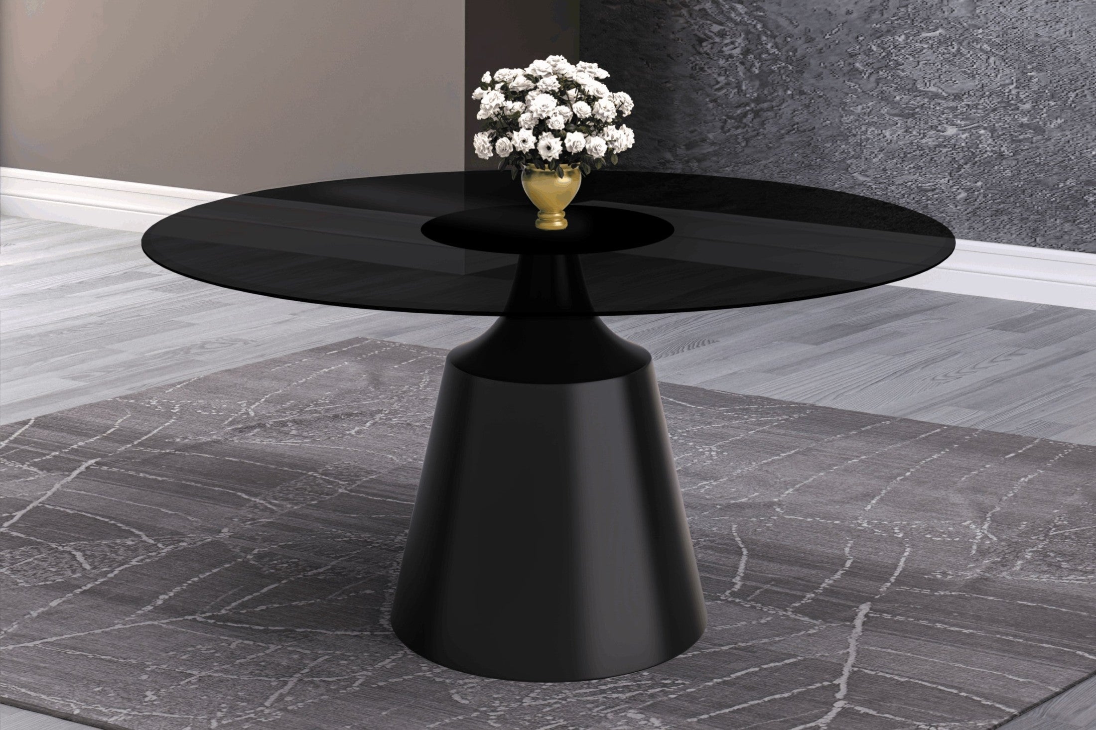 Prynn Modern Round Dining Table with a Sintered Stone/Glass Top in Stainless Steel