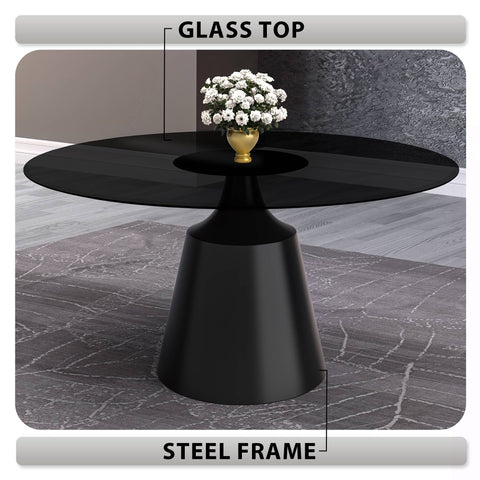 Prynn Modern Round Dining Table with a Sintered Stone/Glass Top in Stainless Steel