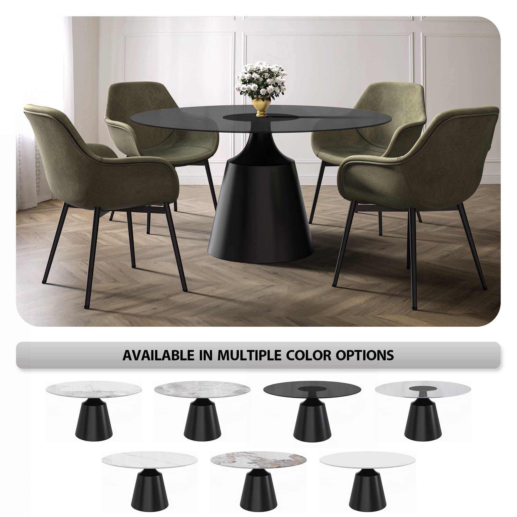 Prynn Modern Round Dining Table with a Sintered Stone/Glass Top in Stainless Steel