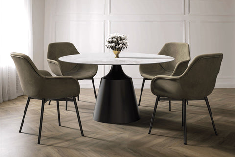 Prynn Modern Round Dining Table with a Sintered Stone/Glass Top in Stainless Steel