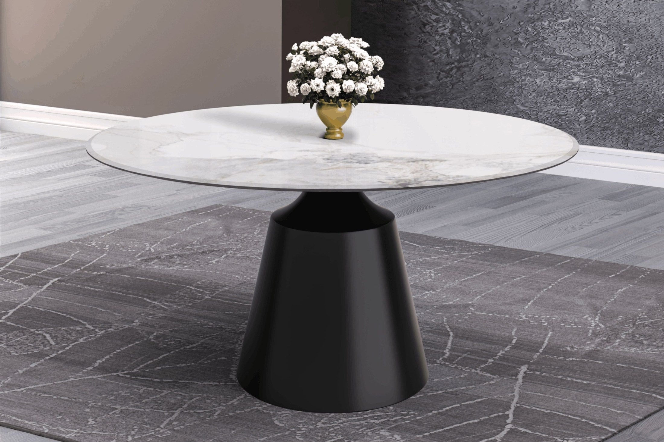 Prynn Modern Round Dining Table with a Sintered Stone/Glass Top in Stainless Steel