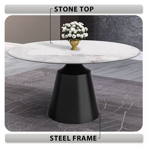 Prynn Modern Round Dining Table with a Sintered Stone/Glass Top in Stainless Steel