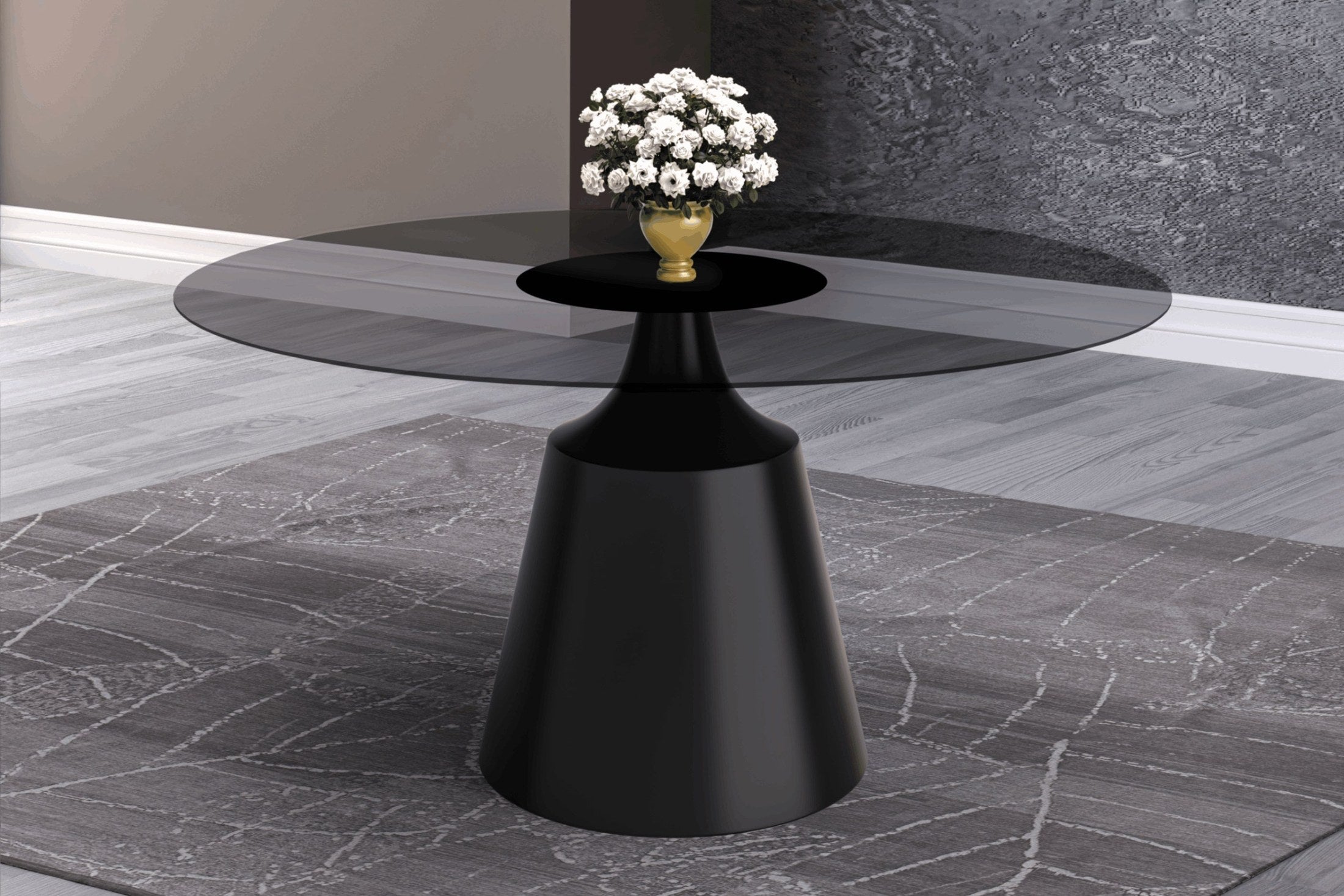 Prynn Modern Round Dining Table with a Sintered Stone/Glass Top in Stainless Steel