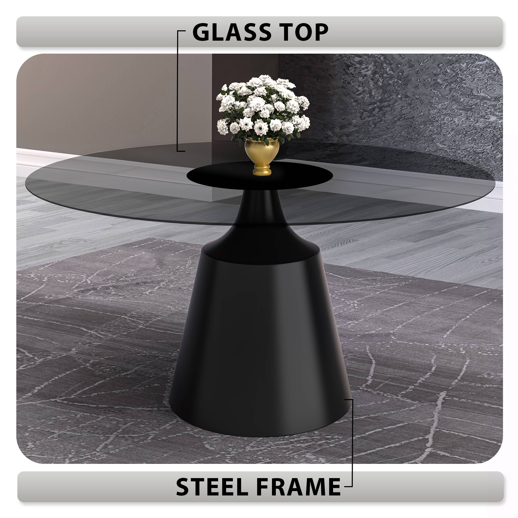 Prynn Modern Round Dining Table with a Sintered Stone/Glass Top in Stainless Steel