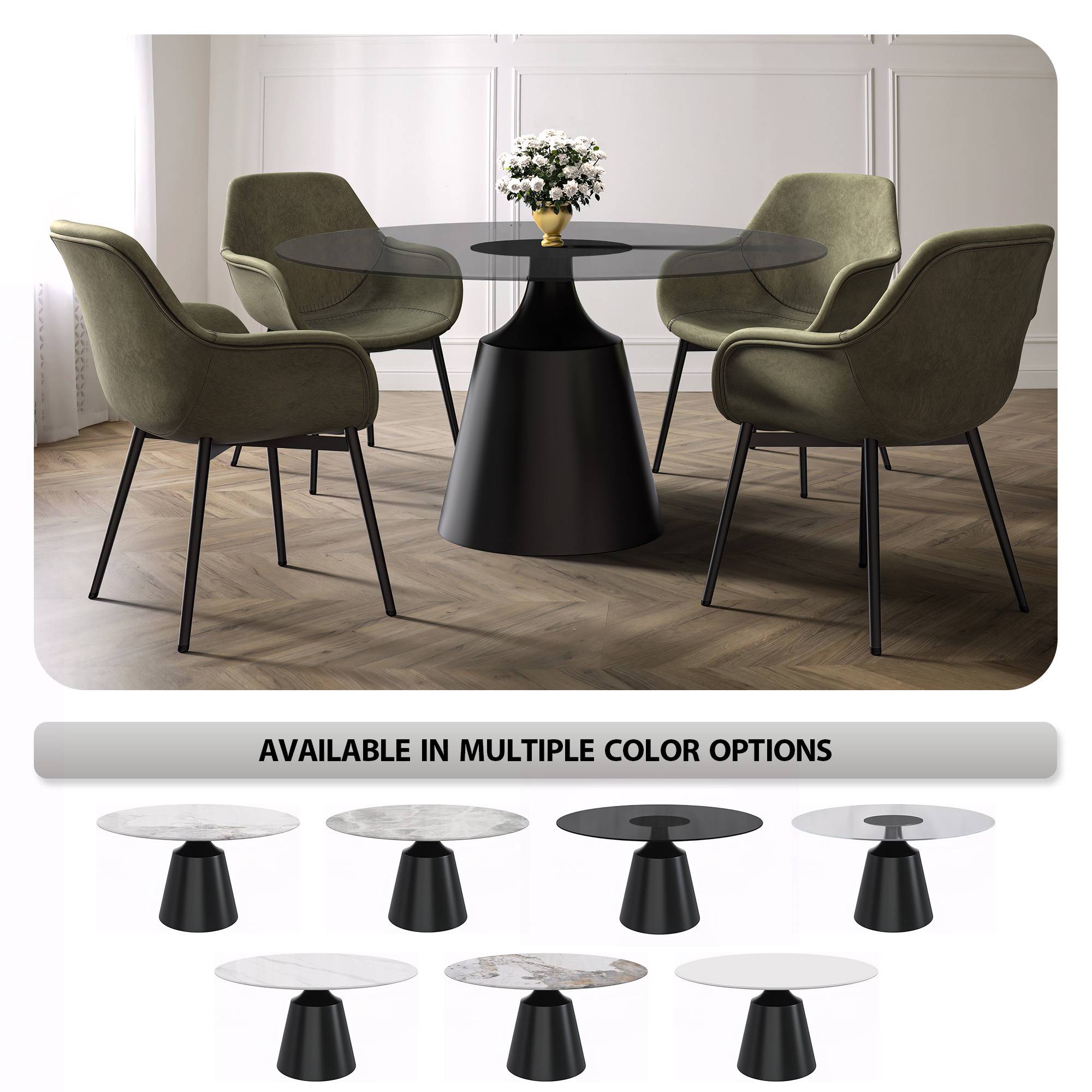 Prynn Modern Round Dining Table with a Sintered Stone/Glass Top in Stainless Steel