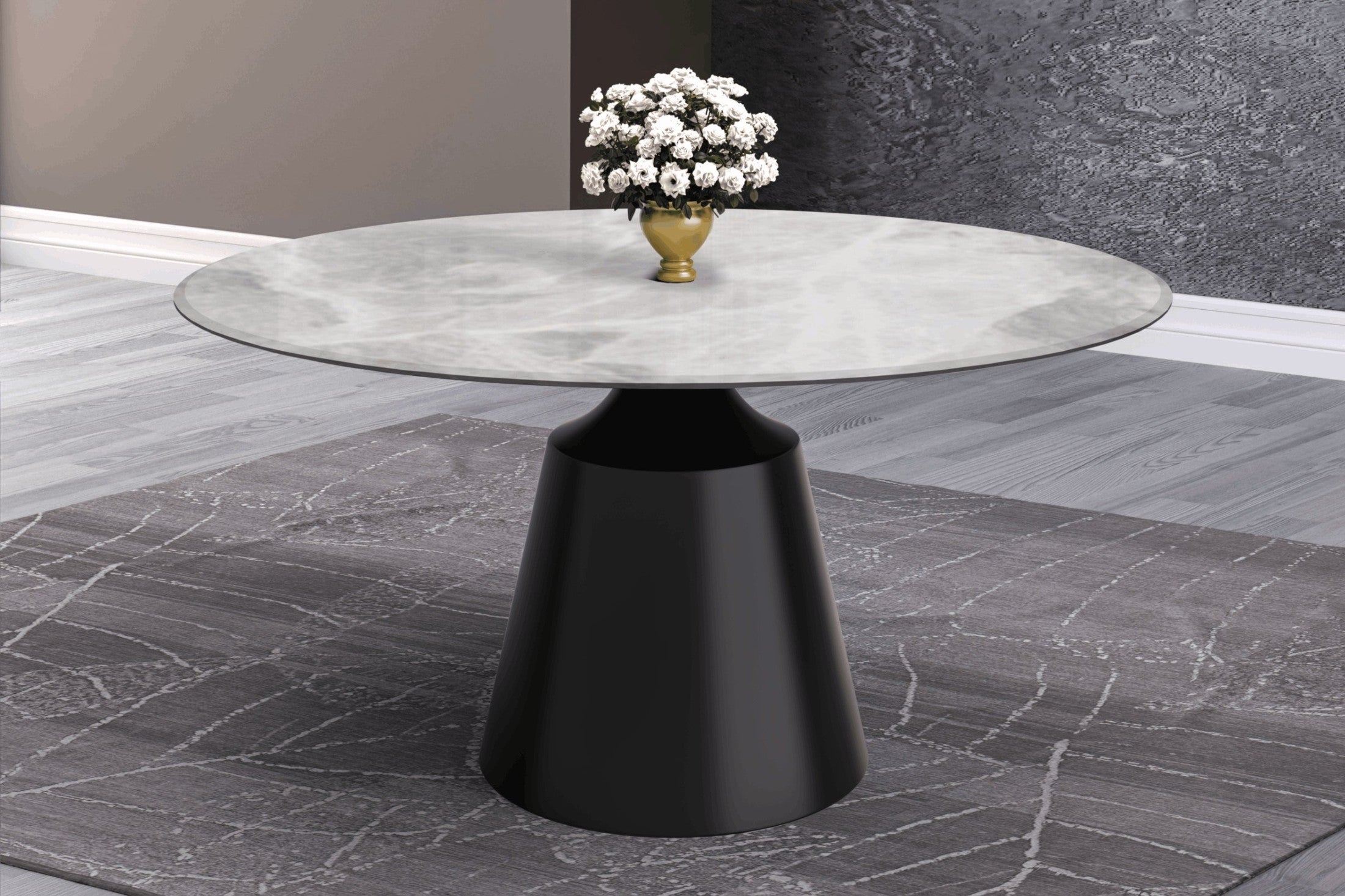 Prynn Modern Round Dining Table with a Sintered Stone/Glass Top in Stainless Steel