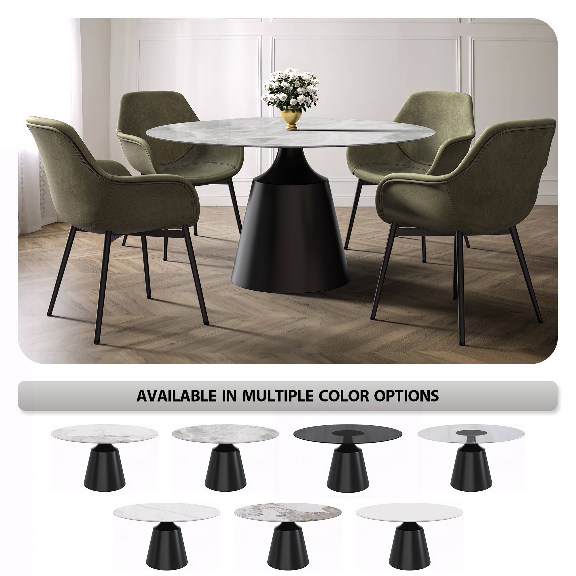 Prynn Modern Round Dining Table with a Sintered Stone/Glass Top in Stainless Steel